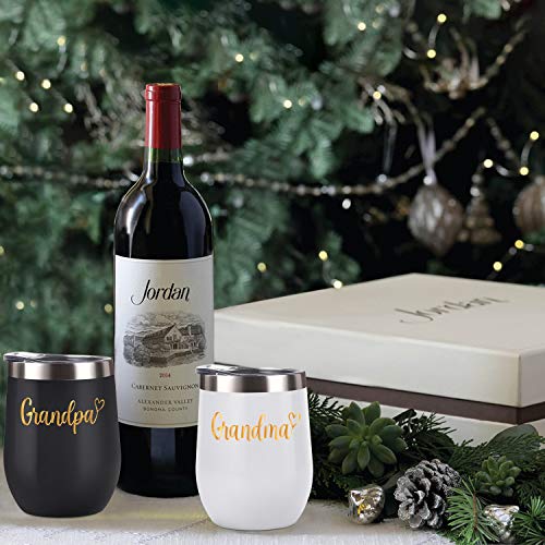 Cpskup Grandparents Christmas Gifts, Grandpa And Grandma Wine Tumbler Set With Lid, Stemless Insulated Stainless Steel Tumbler For Grandpa And Grandma From Grandkids Grandchildren(12Oz, Black&White) #TOP6