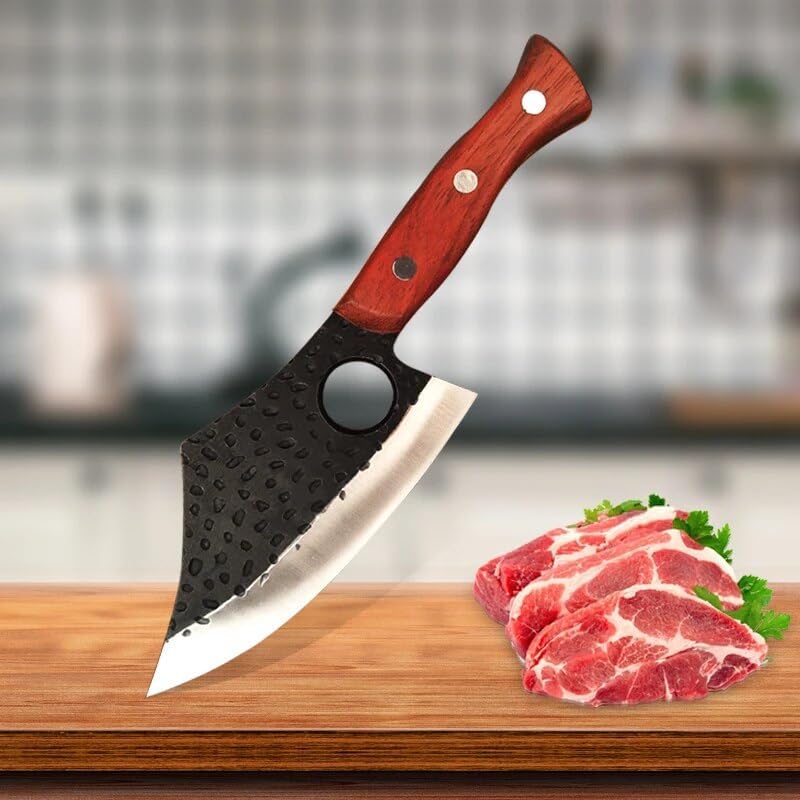 Miniatura 7 de Cuchillo de corte de carne de chef de 5.5 pulgadas, cuchillo de cocina con agujero para los dedos, cuchillo de carnicero de acero inoxidable