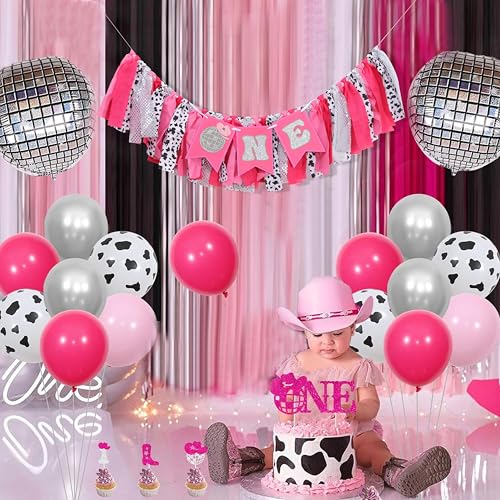 Image of Cowgirl One Birthday High Chair Banner,Disco 1st /First Birthday Decorations | Disco Party Girls Smash Cake Decorations,My First Rodeo