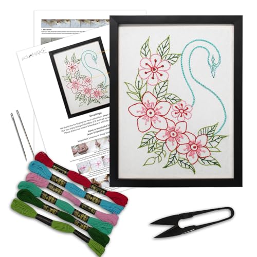 Image of picknMAKE Hand Cross Stitch Embroidery Kits for Beginners Adults with Cloth Fabric, Framed White Swan Pattern to do Embroidery with Instruction and All Material Included
