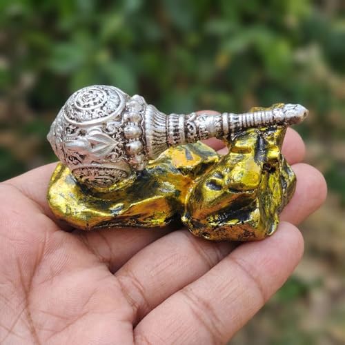 Image of Bajrangbali Gada Showpiece for Home Temple, Car Dashboard & Office Desk | Silver Hanuman Gada Resin Statue with Metalllic Gold Stone Base | Spiritual Table Decor Gift (9 x 4 x 5 cms)
