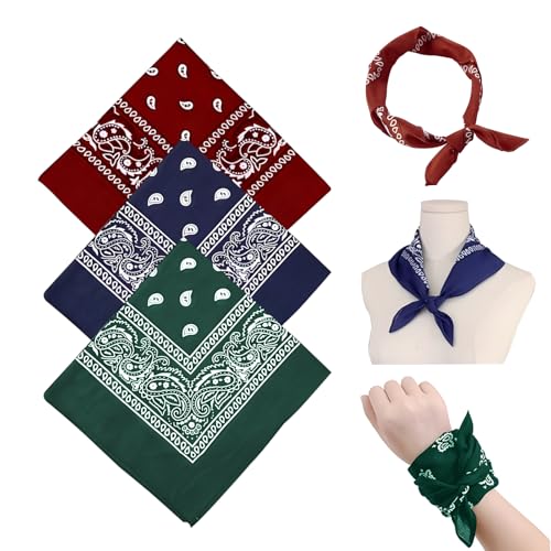 YAWYO Lot de 3 Bandanas Multi-usages à imprimé Cachemire, Unisexes, pour Femmes et Hommes, Accessoires de Style Cowboy (Vert foncé, Bordeaux, Bleu Marine)