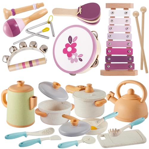 BUYGER Kitchen Pot and Pan Playset Bundle with Toddler Percussion Musical Instruments with Storage Bag, Kitchen Accessories Musical Instruments Toy Gifts Educational Learning Toys Gifts