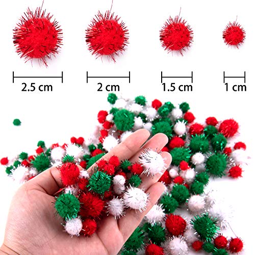 Bqtq 1200 Pieces Christmas Pom Pom Tinsel Pom Pom Balls Glitter Fluffy Pom Pom For Craft Making And Christmas Decorations (4 Sizes, White, Green, Red) #TOP2