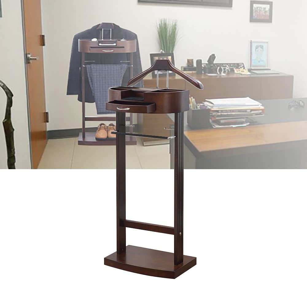 Appendiabiti Servomuto da Terra, Servomuto in Legno con Barra per Pantaloni Antiscivolo, Servomuto con Cassetto + Ripiano, per Ufficio Sia Soggiorno Che Camera da Letto (Marrone
