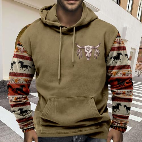 Bengbobar Mens Aztec Hoodie Western Hoodies Cowboy Hooded Sweatshirt Long Sleeve Bull Print Drawstring Pullover with Pocket3