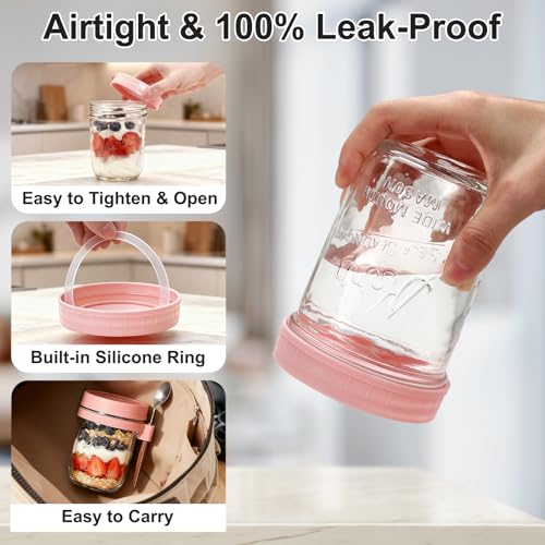 Image of Mason Jars, 16 oz Overnight Oats Containers with Lids, Spoons & 2.7 oz Jars | 4 Pack Wide Mouth Glass Mason Jars, Leakproof Overnight Oats Jars, Glass Food Storage Jar for Meal Prep, Yogurt, Chia Pudding