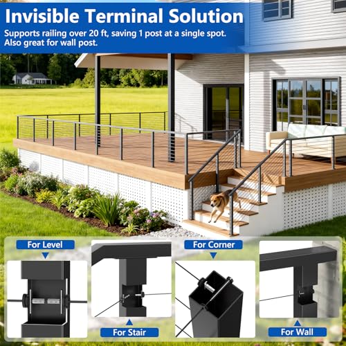 Image of 10 Pack Swageless Invisible Cable Railing Hardware, No-Crimp Reusable T316 Stainless Steel Fixed End Terminal for 1 /8 inch & 1 /10 inch Black Cable, 2 inchx2 inch Metal Level /Corner /Stair Post Deck Railing