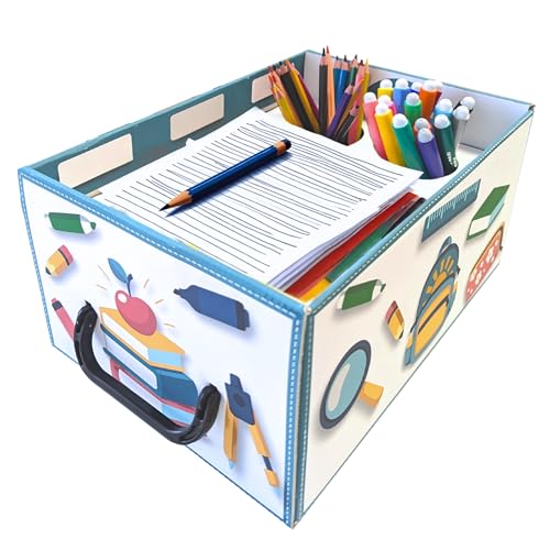 Lavatelli Back to School Organizer, Kartonbox für Kinder Schulsachen. Schreibwaren & Kreativmaterial, 4 verstellbare Fächer + Stifthalter, für A4 Blätter, Stifte & Marker, 32x22,5x15 cm