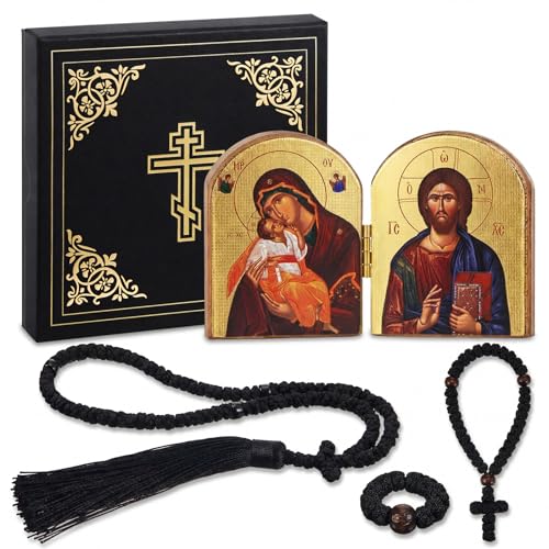 Kigeli 4 Pcs Orthodox Prayer Set with Mini Orthodox Icon Diptych Handmade 100 Knot Prayer Rope and Christian 33 Knots Rope and Finger Ring for Spiritual Blessing Baptism Easter Gift
