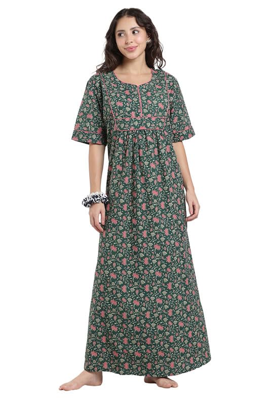 naidu hall Cotton Nighty for Women Printed Nighty A Line Night Gown Round Neck Short Sleeve Sleepwear for Women-picture-29