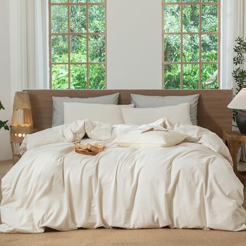 Image of MooMee Striped Duvet Cover Set 100% Washed Cotton Linen Like Twin | Relaxed Linen-like Texture. Soft, Breathable & Long-lasting Comfort. Lightweight. Hidden Zipper with 8 Interior Corner Ties