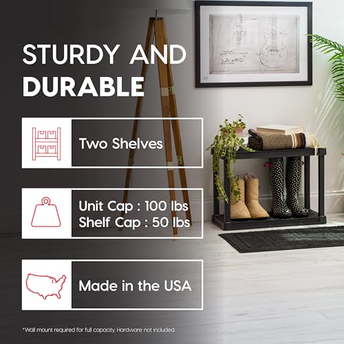 Image of IRIS USA 2-Shelf Light Duty Plastic Storage Shelves, 100lb Capacity, 17 inch H x 24 inch W x 12 inch D, Medium Modular Shelving Unit Storage Organizer for Bathroom, Laundry, Garage & Home, Storage Rack - Black