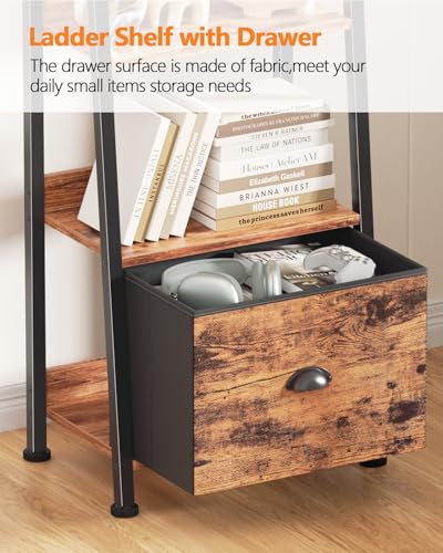 Image of Furologee Bookshelf Set of 2, 6-Tier Ladder Shelf, Ladder Bookshelf with Drawer, Set of 2 Bookshelves, Metal Storage Shelf for Living Room, Home Office, Bedroom, Balcony,Kitchen, Rustic Brown