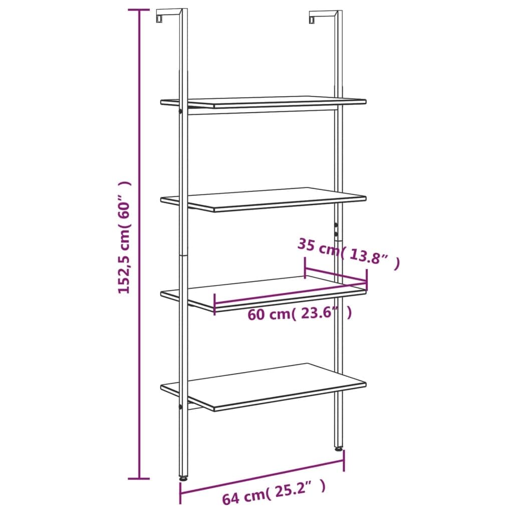 Leiterregal 4 Böden 64x35x152,5 cm aus Holz und Stahl Hellbraun Schwarz Modernes Bücherregal mit Wandbefestigung für Wohnzimmer Schlafzimmer Büro Flur