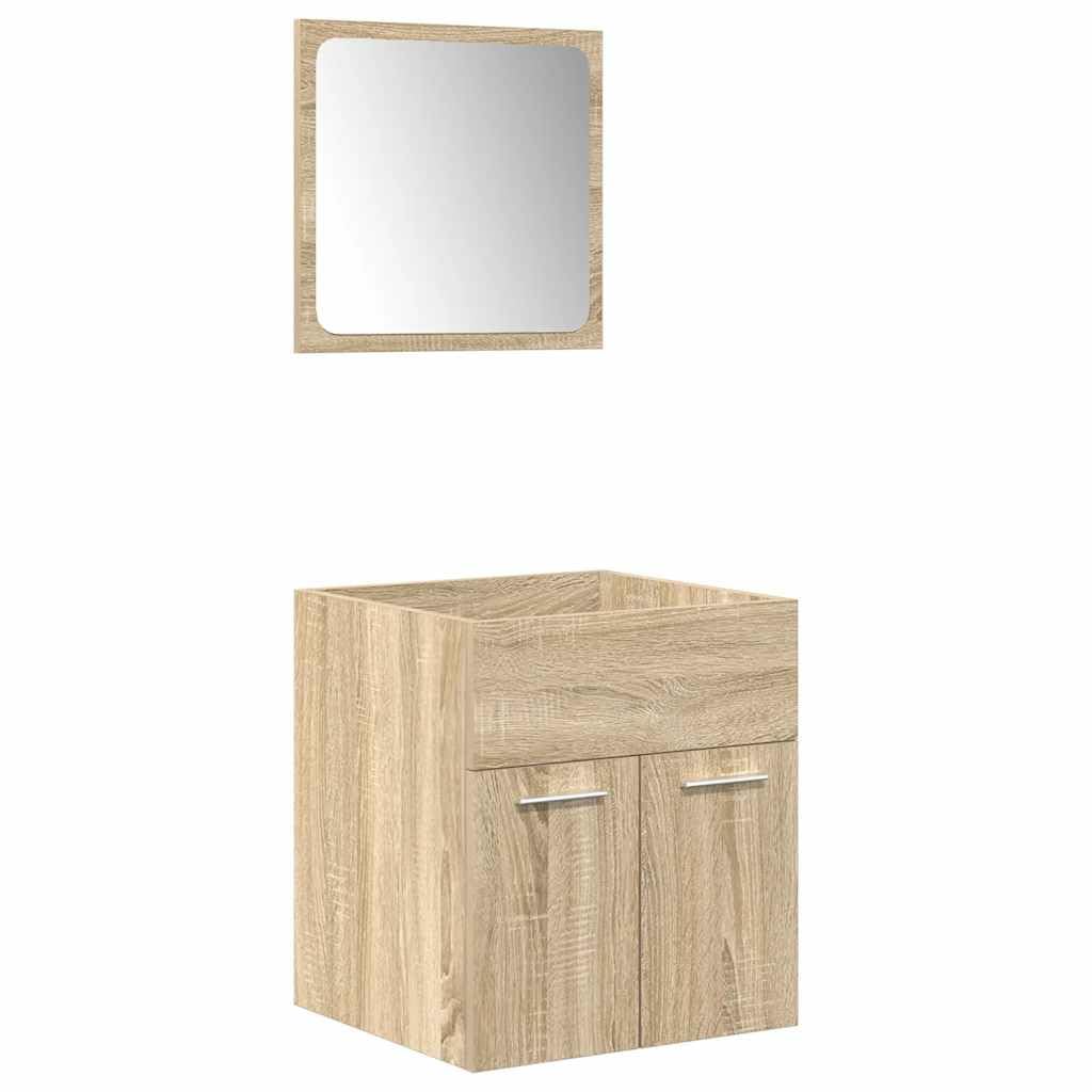 Set Mobili da Bagno 5 Pezzi Rovere Sonoma Legno Multistrato | Lavabo in ceramica bianco, specchio in vetro, montaggio a parete, ampio spazio portaoggetti