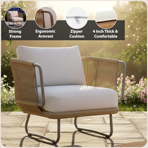Image of Amazon Brand - Solimo Harbor Outdoor Rope Sofa Set | Balcony Sofa | Patio Conversation Sets | Braided Rope Garden Sofa Set and Table (5 Seater- Beige & White)