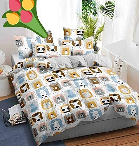 Image of 200 GSM 400 TC Kids Glace Cotton Reversible Cartoon Printed Double Bed King Size Comforter with Matching Bedsheet 90 * 100 with 2 Pillow Covers Set of 4 Pieces