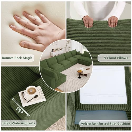 Image of 165 inch Cloud Couch Modular Sectional Sofa for Living Room, U-Shape Boneless Couch with Deep Seat, Modern Corduroy 7-Seater, No Assembly Required, Green