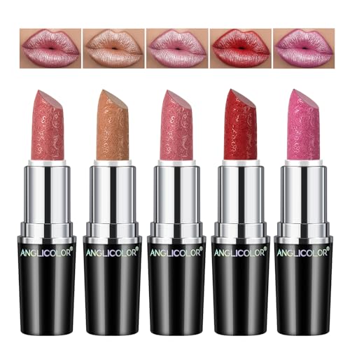 Anglicolor 5PCS Pintalabios Metallic Brillo, Lapiz de Labios Hidratante Gloss Larga Duracion Nutritiva, Barra de Labios Permanente Alto Pigmentada Purpurina Maquillaje (#B, 5PCS)