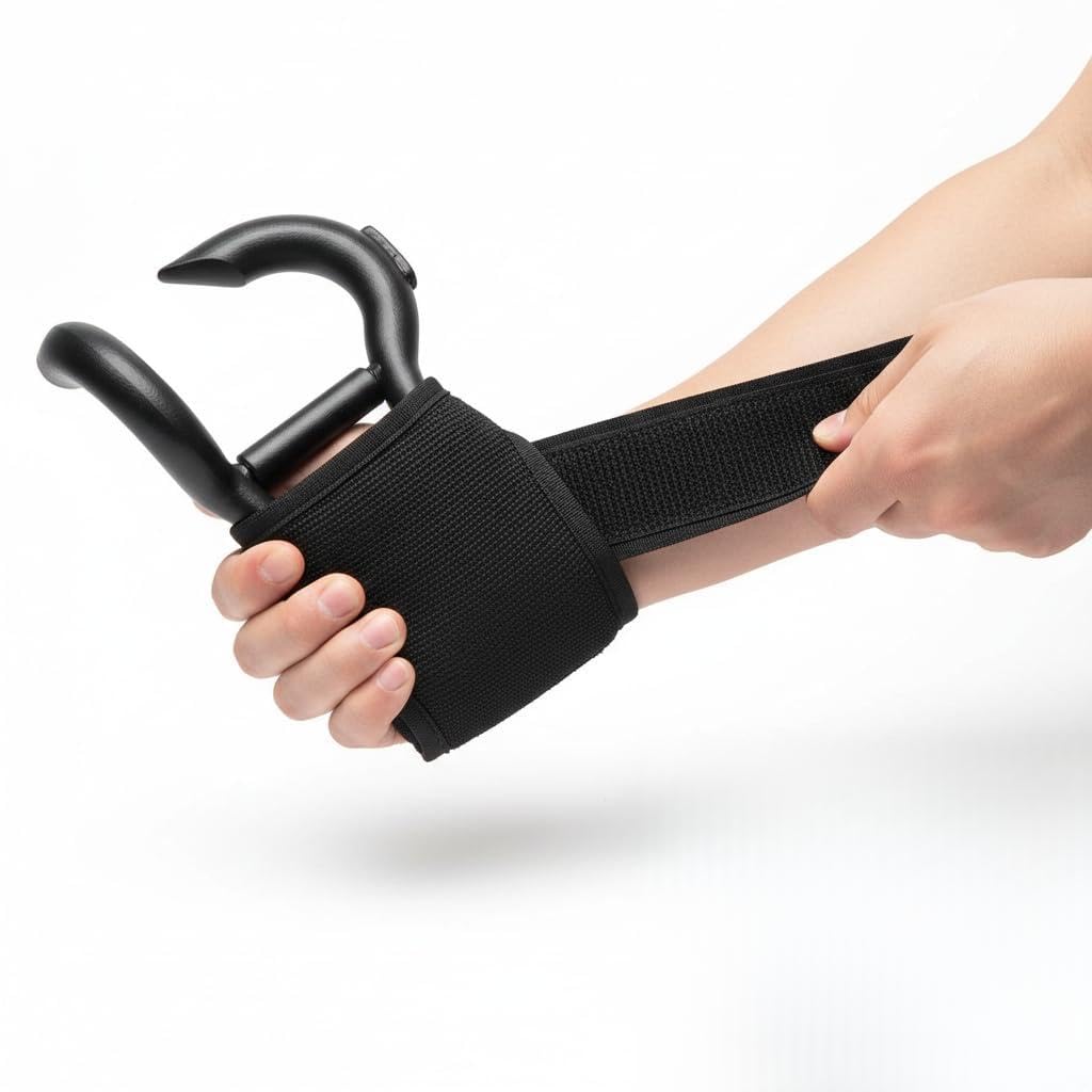 GHAZAL Fitness Wrist Support Hook with Lifting Straps, Steel and Polyester, Black, 0.45kg, 16x11x11cm