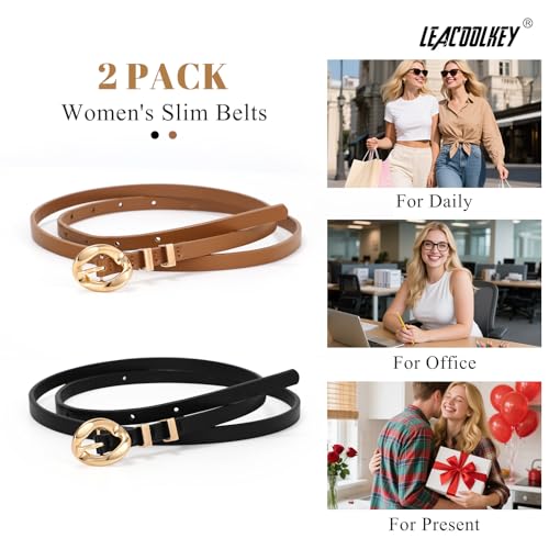 LEACOOLKEY Women Skinny Belts 0.39 Inch Wide 2 Pack Thin Leather Belts for Dresses Jeans Cardigans 6