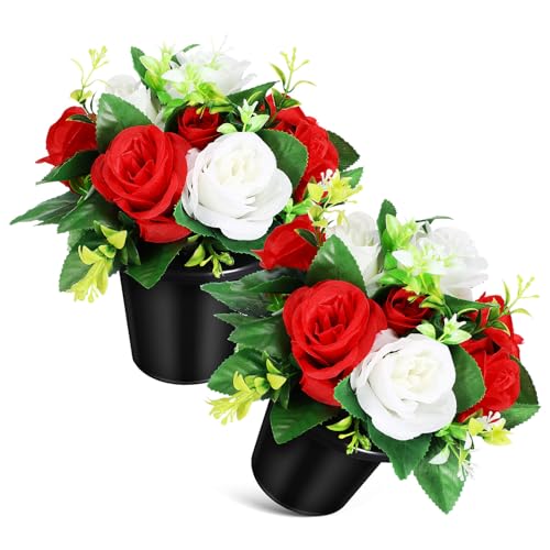 COLLBATH 2 pièces Lot de Pots de Fleurs Artificielles pour Tombe Décorations Funéraires Extérieures Arrangement Commémoratif Élégant et Résistant pour Cimetière