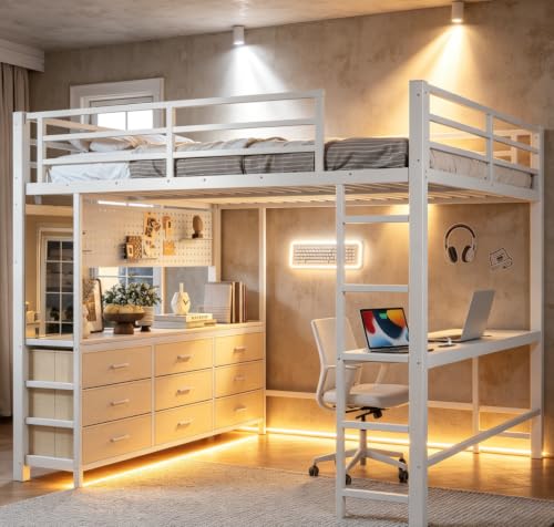 Image of Bellemave Metal Queen Loft Bed Frame with Desk, Storage Drawers,USB,Mirror for Adults,Kids,Teens,White