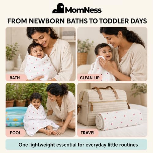 Image of 100% Cotton Muslin Baby Bath Towel, 110 x 55 cm, Crinkle Muslin, 0-3 Years, Heart