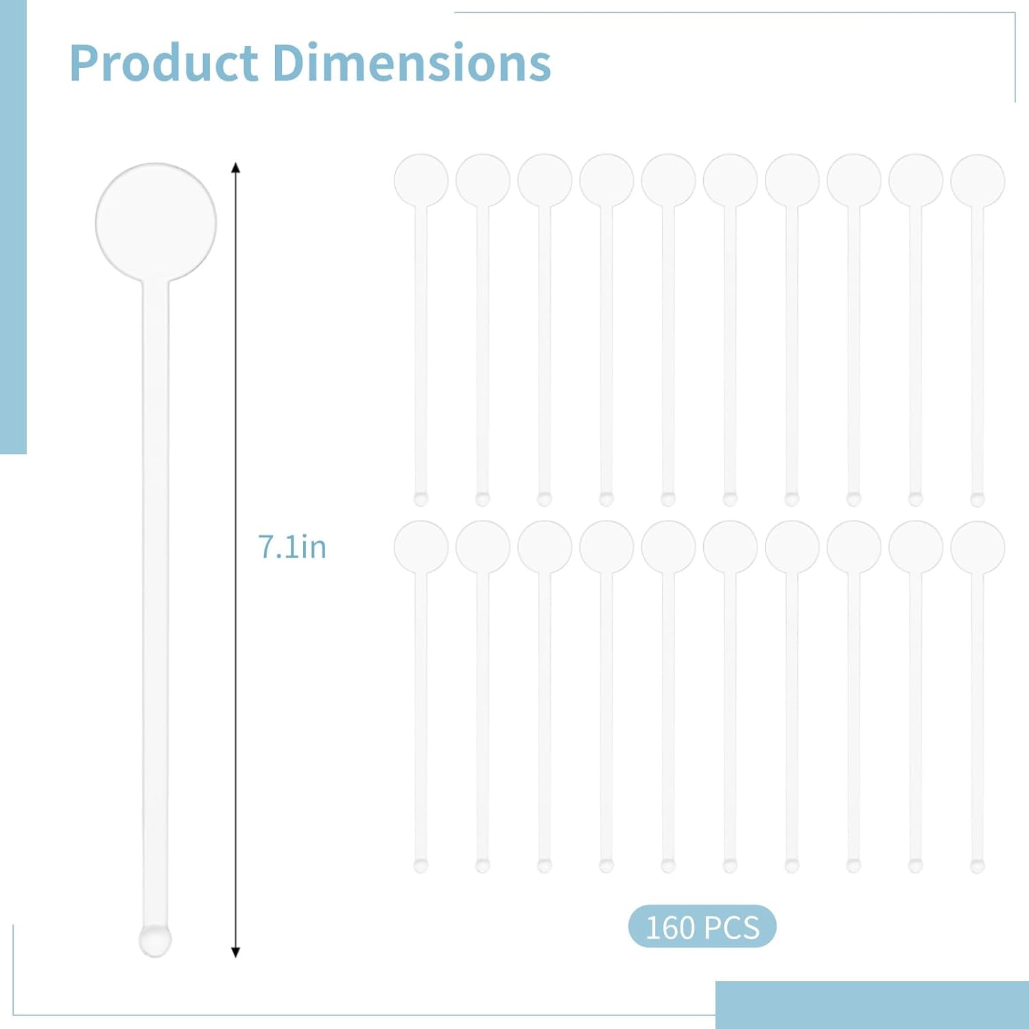 160 Count Plastic Swizzle Sticks for Cocktails, Reusable Drink Stirrers, Wedding and Party Cocktail Stir Sticks, 18 Cm/7 in Length with Round Head and Smooth Shaft