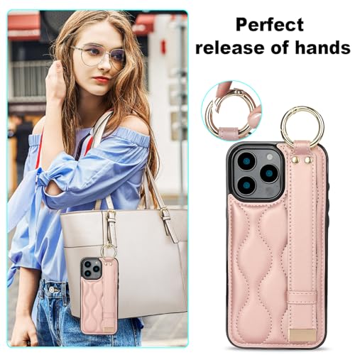Coque iPhone 16 Pro Max or rose avec dragonne et anneau support rotatif