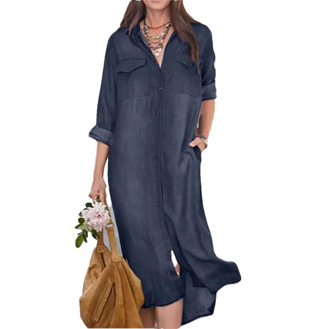 Vestido camisero de mezclilla de gran tamaño para mujer, vestido largo de manga larga para primavera y otoño