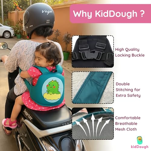 Image of KidDough Baby Safety Belt for Kids | Two Wheeler Bike /Scooty Belt for Kids Safety, Child Harness Safety Belt with Adjustable Baby Carrier for Toddlers & Baby (Cartoon Green)