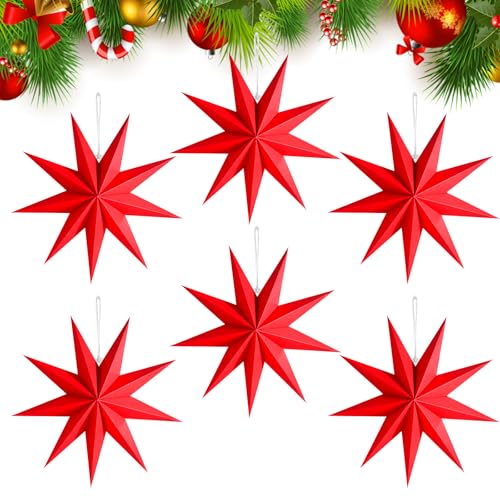 CZMAO 6 Piezas Estrellas de Papel para Decoración de Navidad 30 cm Linternas Papel Estrella Estrella Navidad Papel para Ventanas Adviento árbol de Navidad (Rojo)