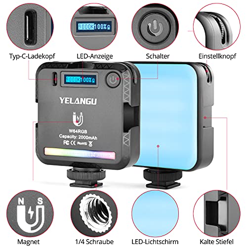 Kameralicht RGB mit Stativ, YELANGU LED Videoleuchte with 2000mAh Battery. Video licht Mini Dimmbare 2500K-9000K, Foto… – Bild 3