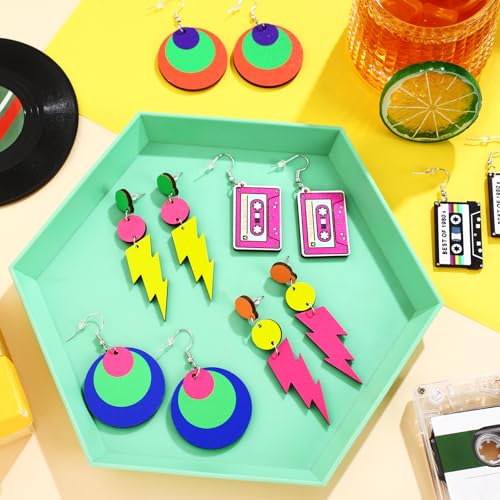 Misdary 12 Pairs 80s 90s Neon Earrings for Women Retro Pendant Geometric Cassette Tape Jewelry Colorful Neon Wooden Drop Dangle Earrings for 80's 90's Glow Party Accessories3