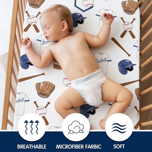 Image of VitalCozy 4 Pcs Baseball Crib Sheet Set Newborn Bedding Nursery Baby Sheets for Girl Boys Baby Gifts for Standard Crib and Toddler Mattresses, 52 x 28 x 8 Inches