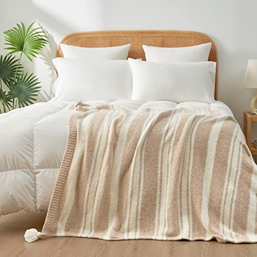 Snuggle Sac Tan Stripe Throw Blanket For Couch, Reversible Throw Blanket Warm Cozy Knit Fuzzy Plush Lightweight For Sofa, Bed, Camping, Picnic, 50 X 60 Inch #TOP2