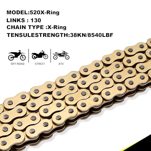 Image of Gold 520 X-Ring Motorcycle Chain 130 Links for Motorcycle Bicycle Go-Karts Mini Trail Bike with Connecting Master Link - Enhanced Durability & Universal Fit