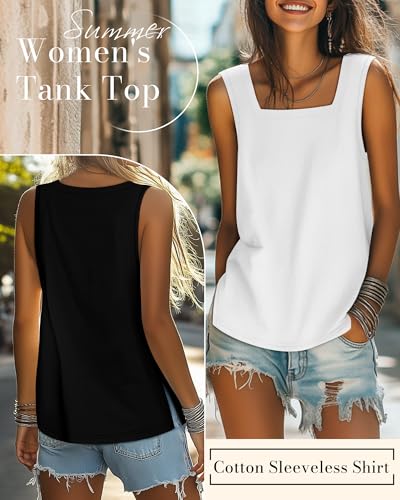 Huukeay 3 Pack Summer Women's Tank Tops Cotton Sleeveless Shirt Loose Fit Square Neck Tank Top with Side Slits2