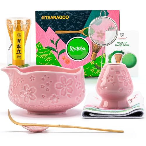 TEANAGOO Lot de 7 fouets à matcha roses avec motif fleurs de cerisier, kit complet de cérémonie, bol Chawan en céramique avec bec, fouet et accessoires, service à thé matcha traditionnel pour lattes