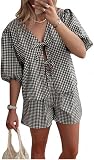 Yuemengxuan Women Y2k Peplum Shirt Shorts Set Two Piece Lounge Set Pajamas Sets Puff Sleeve Tie Front Top 2pcs Pj Outfits (Black #GRdf, M)