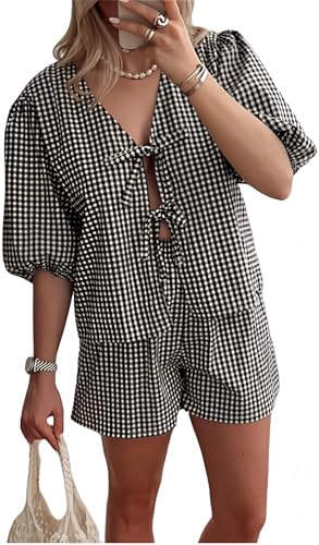 Image of Yuemengxuan Women Y2k Peplum Shirt Shorts Set Two Piece Lounge Set Pajamas Sets Puff Sleeve Tie Front Top 2pcs Outfits Set (Black #GRdf, S), Small