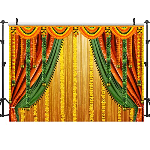 Image of Lofaris India Pooja Photography Backdrop Puja Ganpati Pooja Traditional Mehndi Festival Background Diwali Decorations Wedding Party Marigold Garlands Photo Props 5x3ft