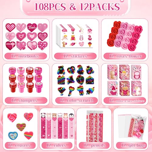 BenLouis Valentines Day Stationery Gifts Set for Kids Hearts Pencils Erasers Stickers School Classroom Exchange Reward Prizes Bulk for Students Valentine’s Party Favors Goodie Bag Filler（216pcs） — view 3