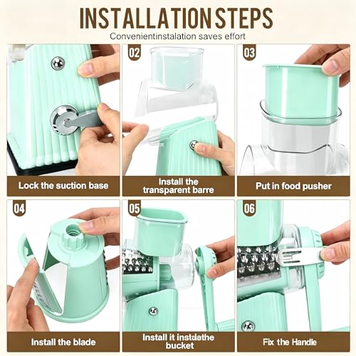 Image of Rotary Cheese Grater with 5 Well-designed Blades & Strong Suction Base, Kitchen Mandoline Vegetable Slicer with Blade Storage Box (Aqua)
