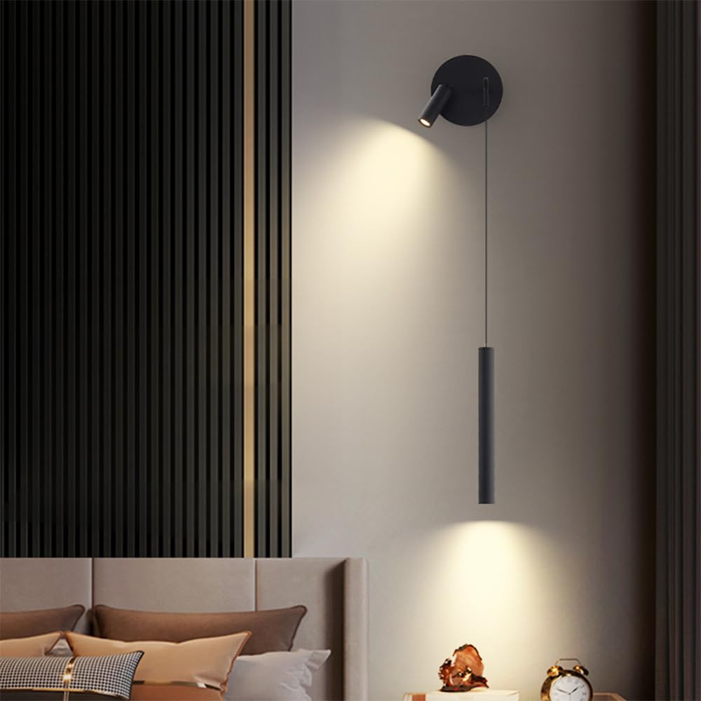 Lampada da Parete a Tubo Lungo, Lampada da Parete Moderna a LED con Piccolo Faretto Girevole e Orientabile, Lampade da Lettura da Comodino Nere, Applique da Parete con Flauto in Metallo per Camera da