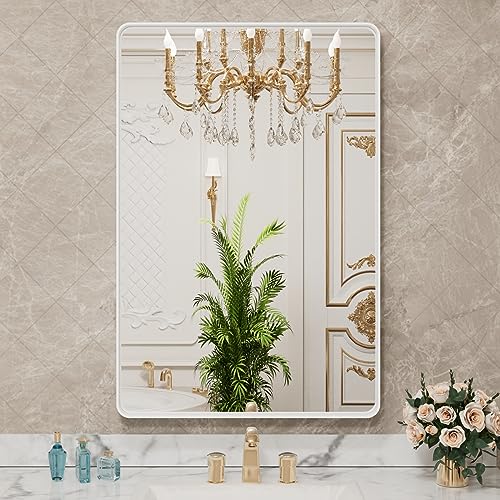 Image of LOAAO 24x32 Inch White Metal Framed Bathroom Mirror for Wall, White Bathroom Vanity Mirror Farmhouse, Large Rounded Rectangle Mirror, Anti-Rust, Tempered Glass, Hangs Horizontally or Vertically