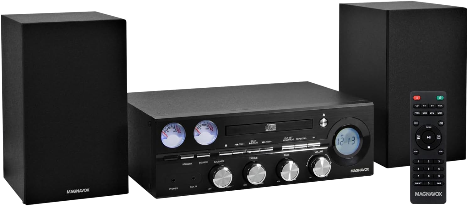 MM451 3-Piece Tray Loading CD Shelf System with Digital PLL FM Stereo Radio, Bluetooth Wireless Technology, and Remote Control in Black | LCD Display | AUX Port Compatible |