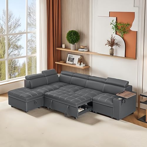 oaaktu 113 inch Ultra-fine Fiber Segmented Sleeper Sofa with Pull-Out Bed, Recliner and Storage...